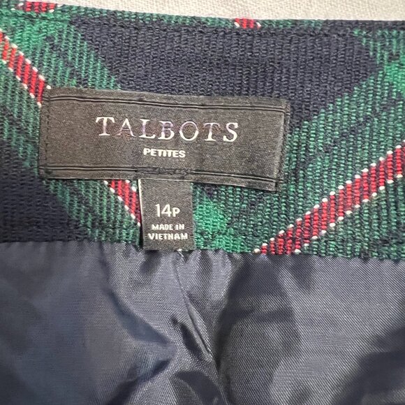Talbots Women's Mini Skirt Green Navy Red Plaid Size 14P Side Zip Wool Blend - Picture 2 of 8